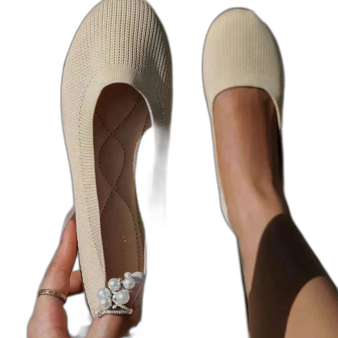Comfortable Beige Knit Ballet Flats for Women with Pointed Toe Casual Style