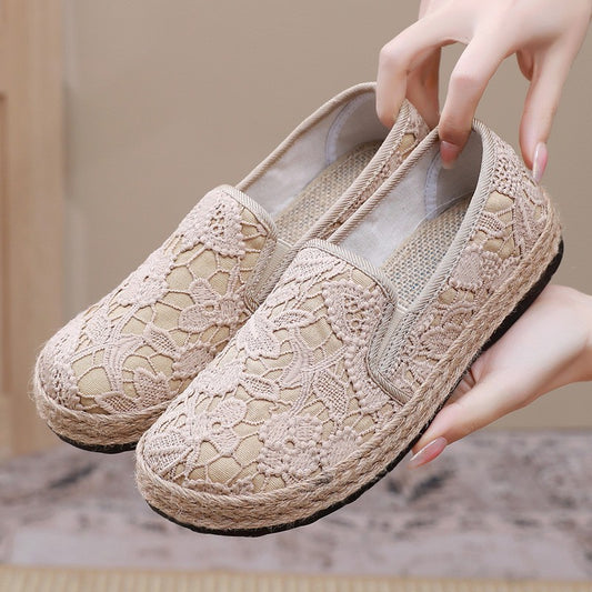 Comfortable Beige Lace Loafers for Women with Closed Toe Casual Style