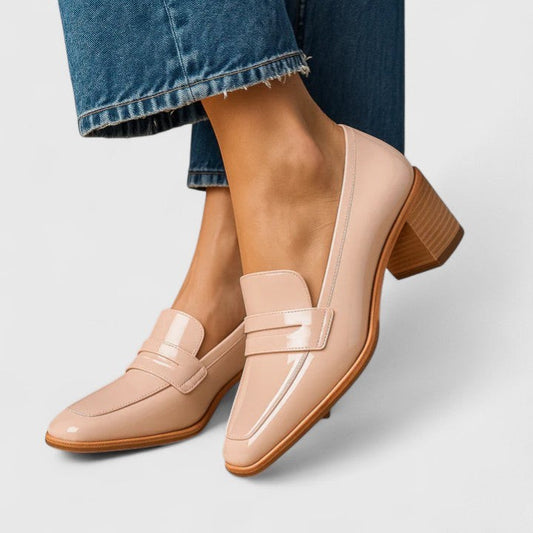 Comfortable Beige Leather Loafers for Women with Block Heel Closed Toe Office Style