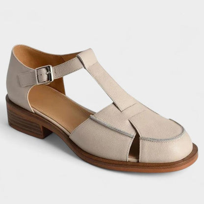Comfortable Beige Sandals for Women with Block Heel Ankle Strap Mary Jane Closed Toe Casual Style