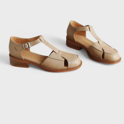 Comfortable Beige Sandals for Women with Block Heel Ankle Strap Mary Jane Closed Toe Casual Style