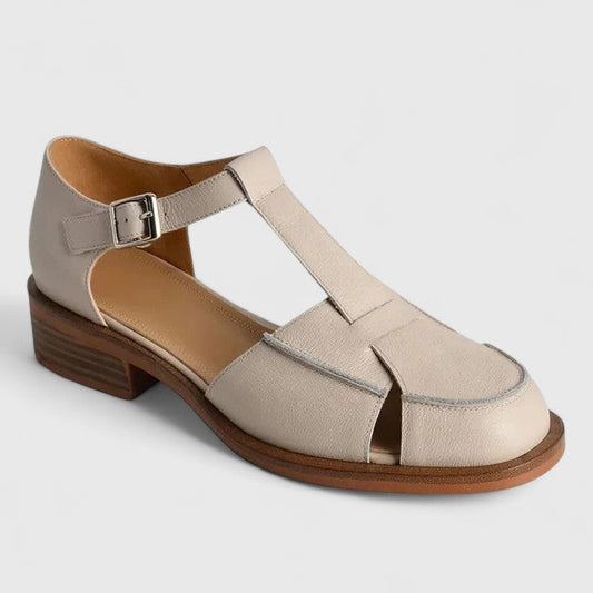 Comfortable Beige Sandals for Women with Block Heel Ankle Strap Mary Jane Closed Toe Casual Style