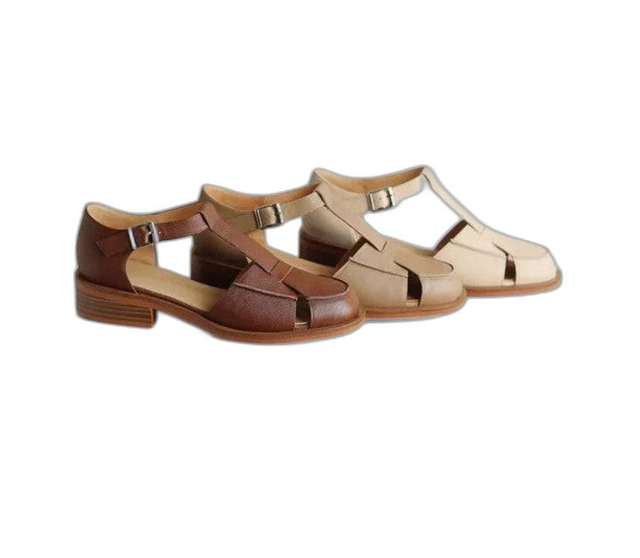 Comfortable Beige Sandals for Women with Block Heel Ankle Strap Mary Jane Closed Toe Casual Style