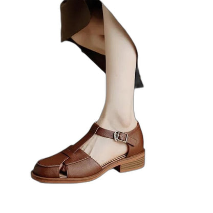 Comfortable Beige Sandals for Women with Block Heel Ankle Strap Mary Jane Closed Toe Casual Style
