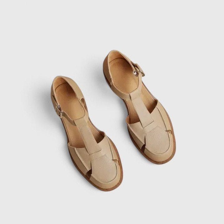 Comfortable Beige Sandals for Women with Block Heel Ankle Strap Mary Jane Closed Toe Casual Style
