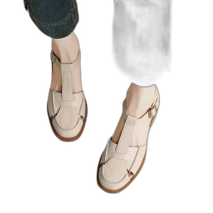 Comfortable Beige Sandals for Women with Block Heel Ankle Strap Mary Jane Closed Toe Casual Style