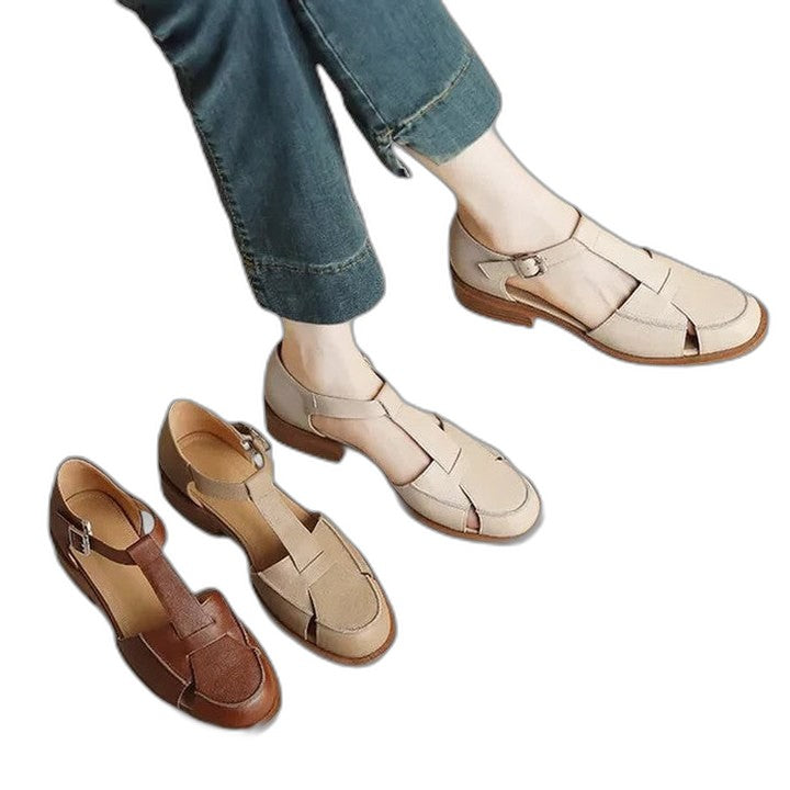 Comfortable Beige Sandals for Women with Block Heel Ankle Strap Mary Jane Closed Toe Casual Style