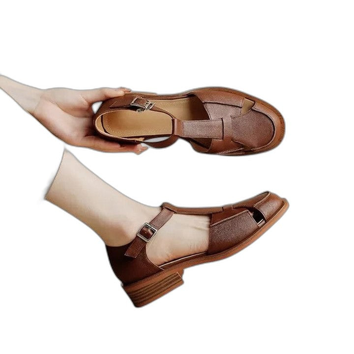 Comfortable Beige Sandals for Women with Block Heel Ankle Strap Mary Jane Closed Toe Casual Style