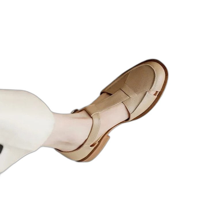 Comfortable Beige Sandals for Women with Block Heel Ankle Strap Mary Jane Closed Toe Casual Style