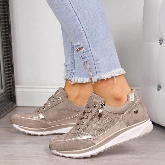 Comfortable Beige Sneakers for Women with Platform Lace Up Casual Style
