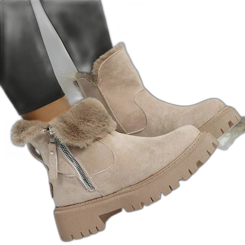 Comfortable Beige Suede Ankle Boots for Women with Closed Toe Fur Lined Casual Style