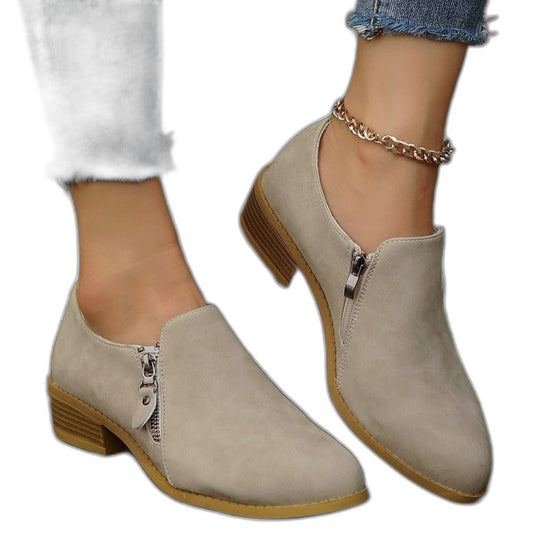 Comfortable Beige Suede Ankle Boots for Women with Zip Up Block Heel Closed Toe Casual Style