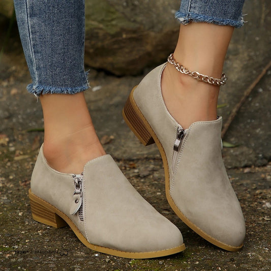 Comfortable Beige Suede Ankle Boots for Women with Zip Up Block Heel Closed Toe Casual Style
