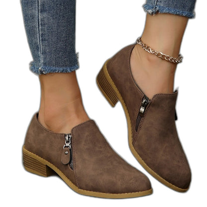 Comfortable Beige Suede Ankle Boots for Women with Zip Up Block Heel Closed Toe Casual Style