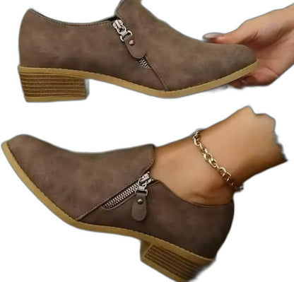 Comfortable Beige Suede Ankle Boots for Women with Zip Up Block Heel Closed Toe Casual Style