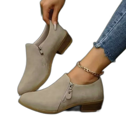 Comfortable Beige Suede Ankle Boots for Women with Zip Up Block Heel Closed Toe Casual Style