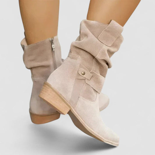 Comfortable Beige Suede Boots for Women with Block Heel Closed Toe Buckle Casual Style