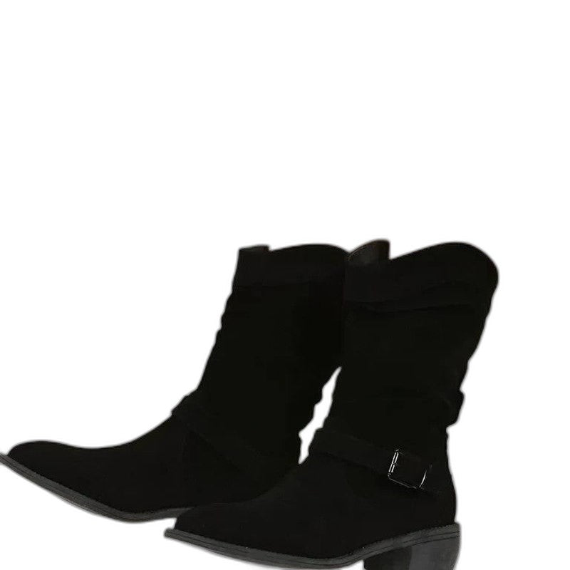 Comfortable Beige Suede Boots for Women with Block Heel Closed Toe Buckle Casual Style