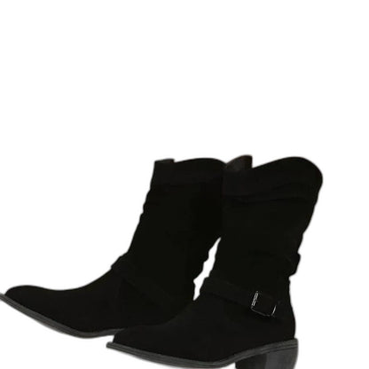 Comfortable Beige Suede Boots for Women with Block Heel Closed Toe Buckle Casual Style