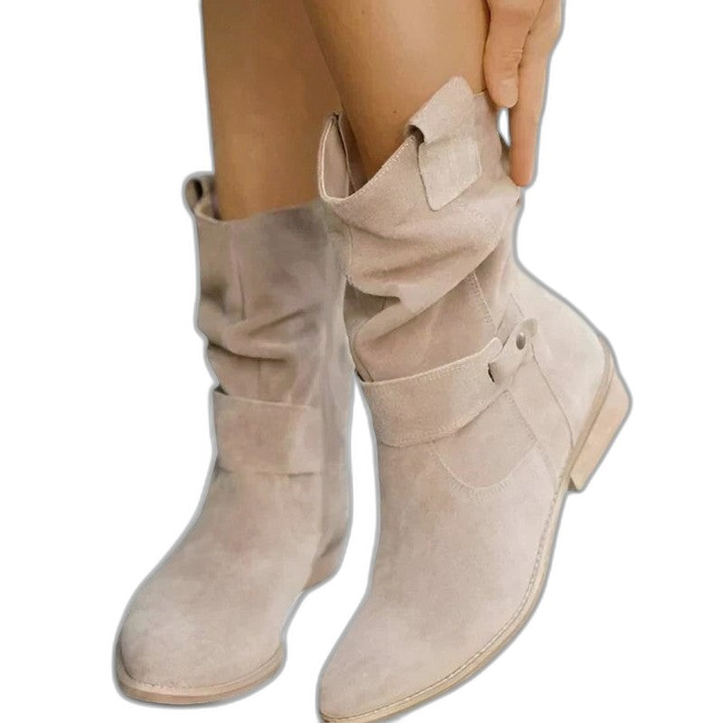 Comfortable Beige Suede Boots for Women with Block Heel Closed Toe Buckle Casual Style