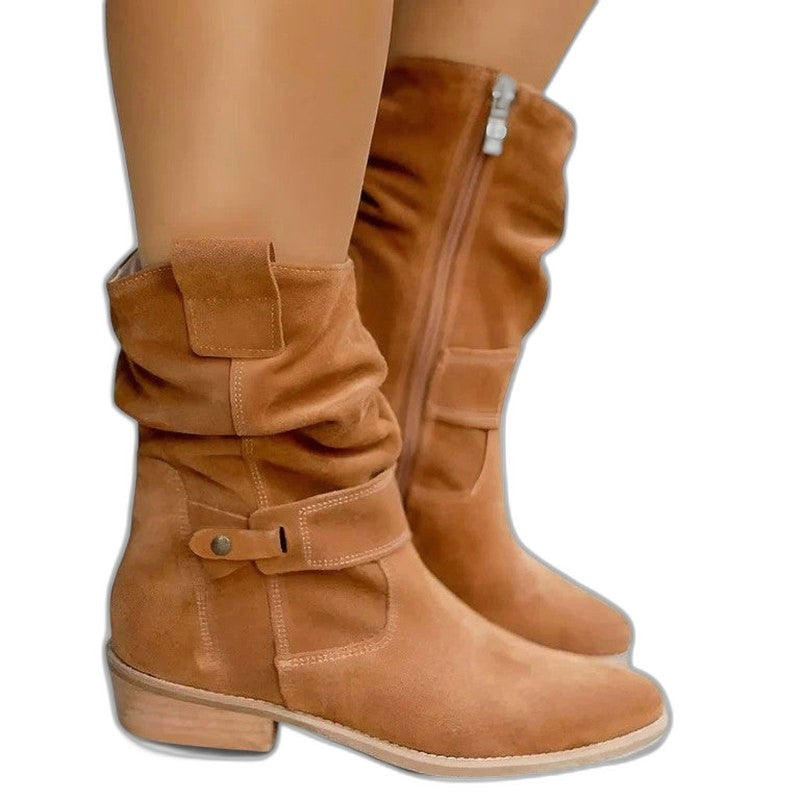 Comfortable Beige Suede Boots for Women with Block Heel Closed Toe Buckle Casual Style