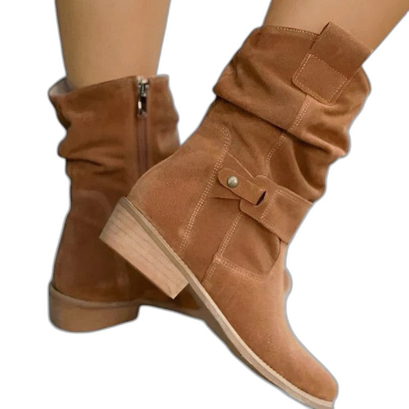 Comfortable Beige Suede Boots for Women with Block Heel Closed Toe Buckle Casual Style