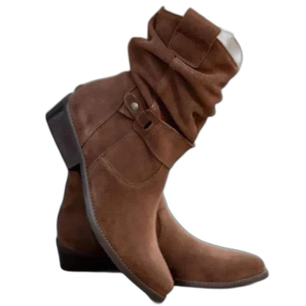 Comfortable Beige Suede Boots for Women with Block Heel Closed Toe Buckle Casual Style