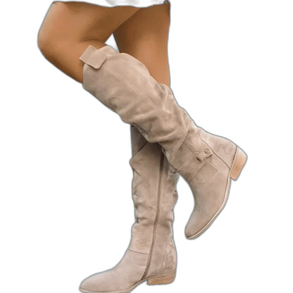 Comfortable Beige Suede Knee High Boots for Women with Block Heel Closed Toe Casual Style