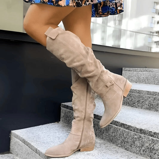Comfortable Beige Suede Knee High Boots for Women with Block Heel Closed Toe Casual Style