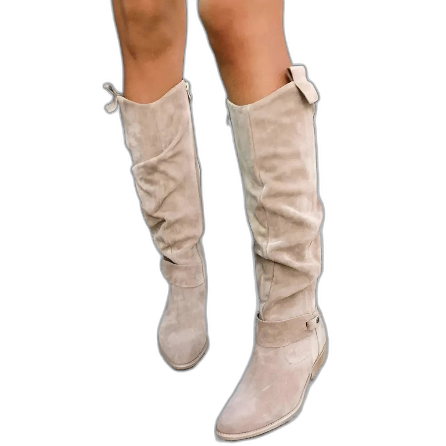 Comfortable Beige Suede Knee High Boots for Women with Block Heel Closed Toe Casual Style