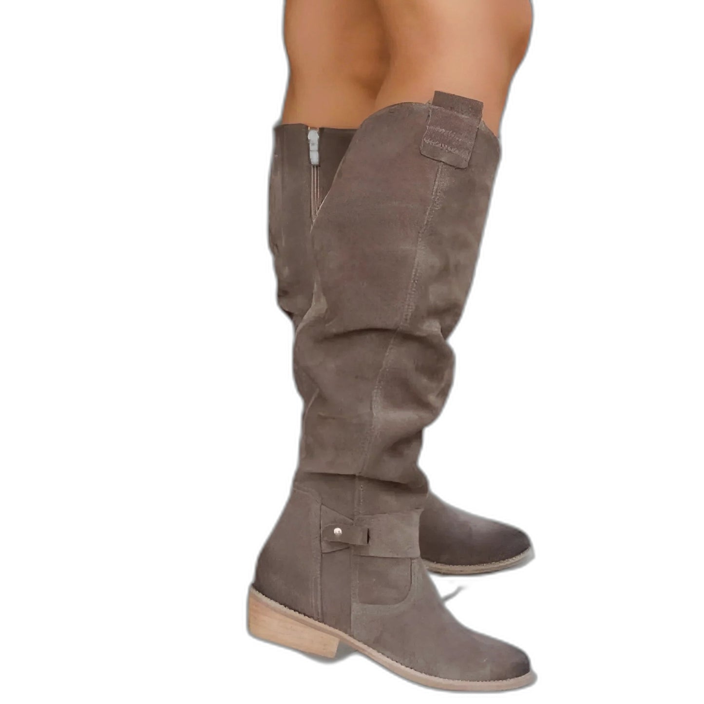 Comfortable Beige Suede Knee High Boots for Women with Block Heel Closed Toe Casual Style