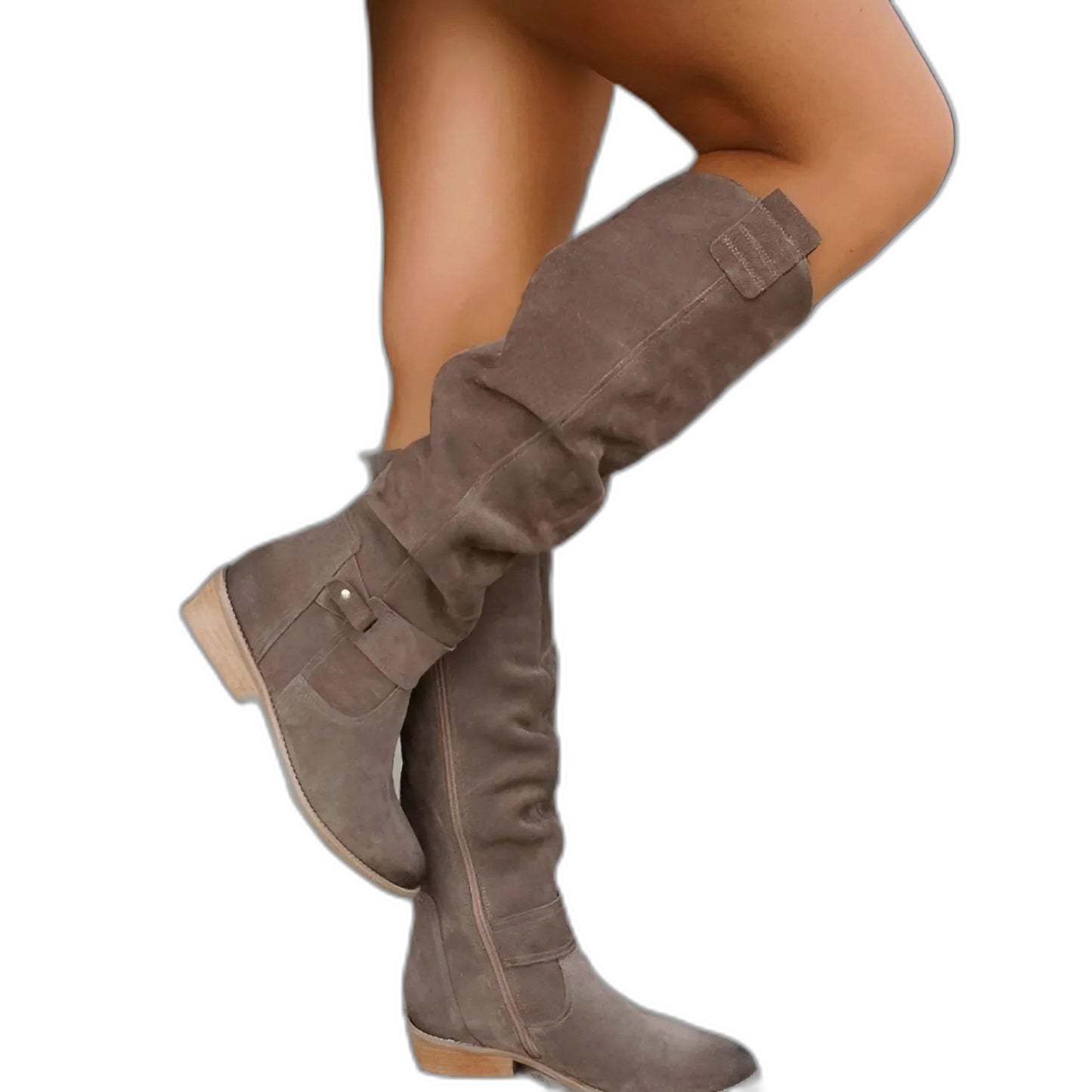 Comfortable Beige Suede Knee High Boots for Women with Block Heel Closed Toe Casual Style