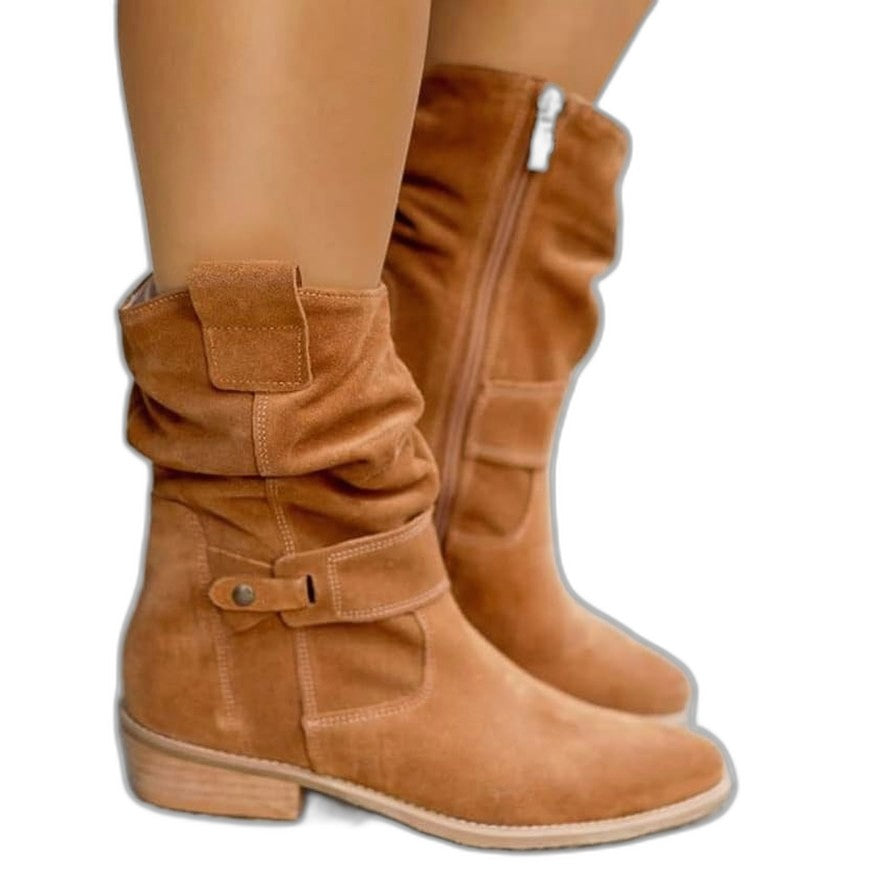 Comfortable Beige Suede Knee High Boots for Women with Block Heel Closed Toe Casual Style
