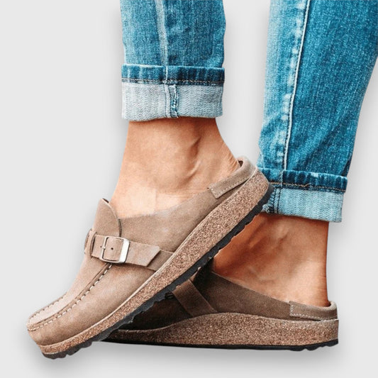 Comfortable Beige Suede Mules for Women with Platform Closed Toe Buckle Casual Style