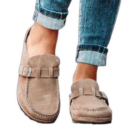 Comfortable Beige Suede Mules for Women with Platform Closed Toe Buckle Casual Style