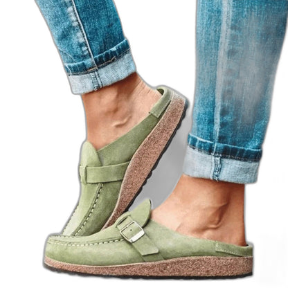 Comfortable Beige Suede Mules for Women with Platform Closed Toe Buckle Casual Style
