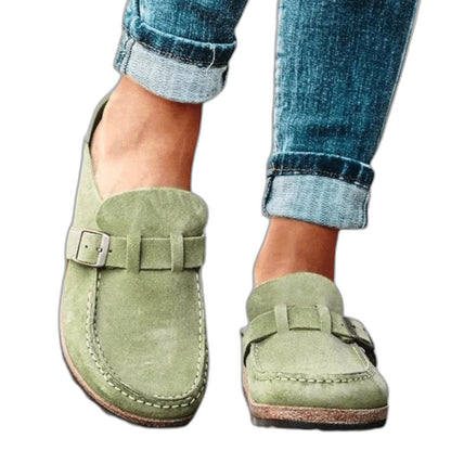 Comfortable Beige Suede Mules for Women with Platform Closed Toe Buckle Casual Style