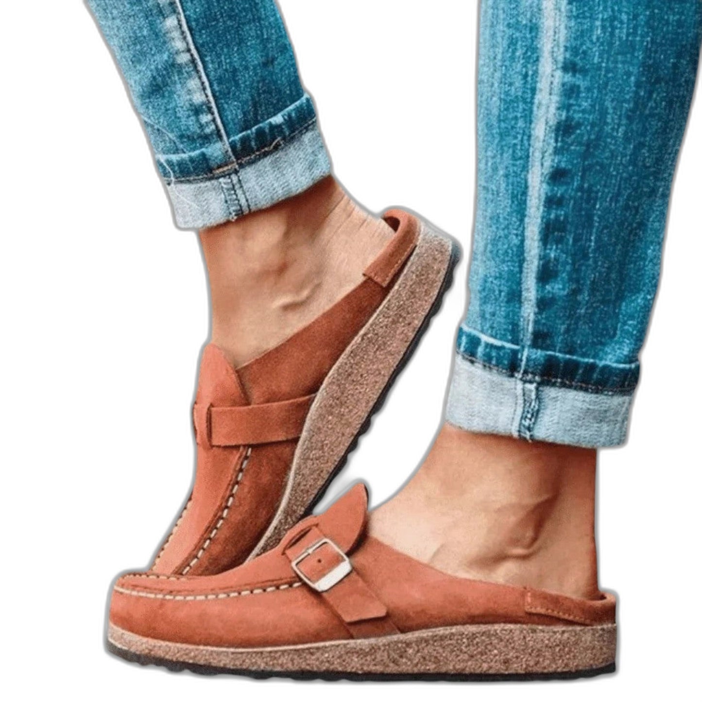 Comfortable Beige Suede Mules for Women with Platform Closed Toe Buckle Casual Style