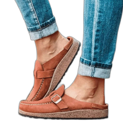 Comfortable Beige Suede Mules for Women with Platform Closed Toe Buckle Casual Style