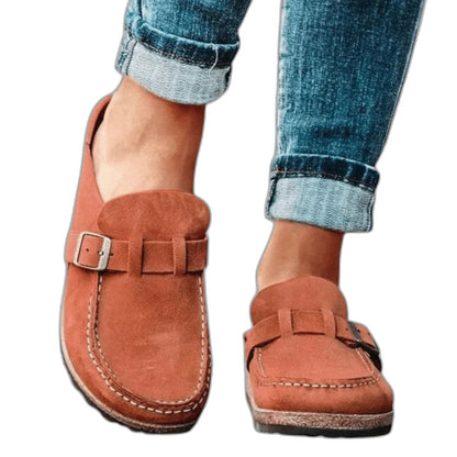 Comfortable Beige Suede Mules for Women with Platform Closed Toe Buckle Casual Style