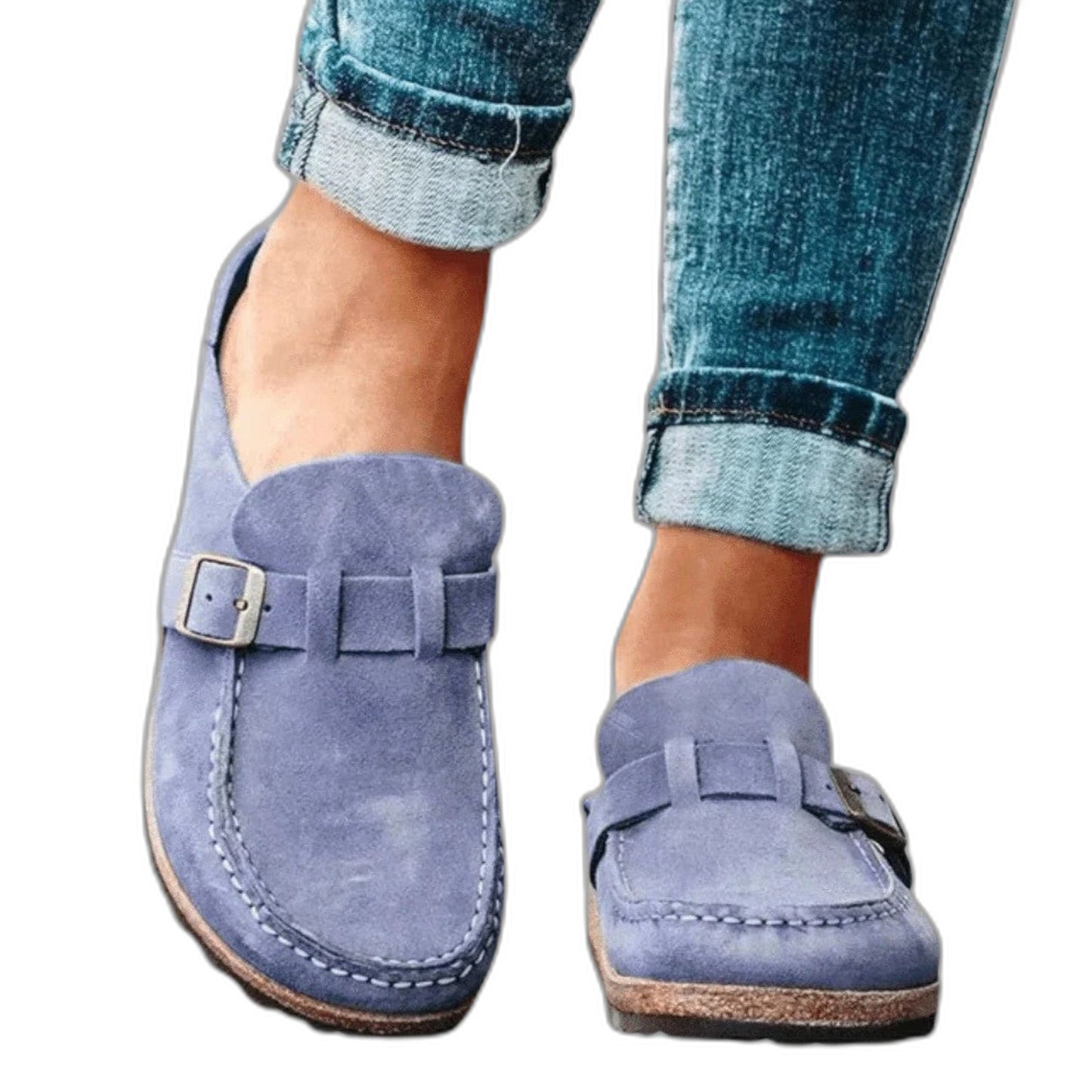 Comfortable Beige Suede Mules for Women with Platform Closed Toe Buckle Casual Style