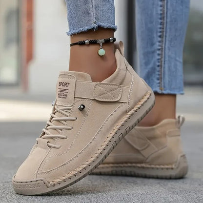 Comfortable Beige Suede Sneakers for Women with Closed Toe Lace Up Casual Style