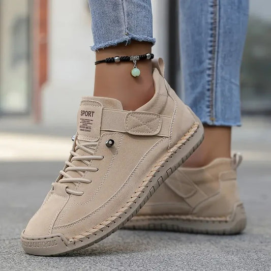 Comfortable Beige Suede Sneakers for Women with Closed Toe Lace Up Casual Style