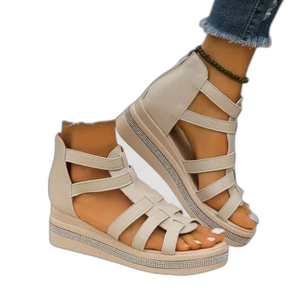 Comfortable Beige Wedge Sandals for Women with Platform Ankle Strap Open Toe Casual Style