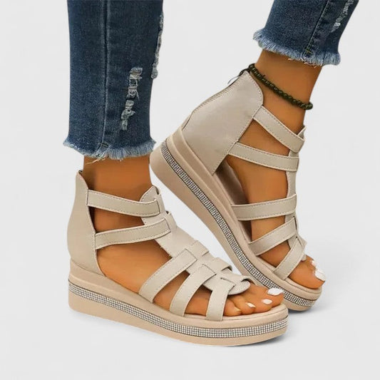 Comfortable Beige Wedge Sandals for Women with Platform Ankle Strap Open Toe Casual Style