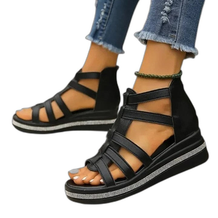 Comfortable Beige Wedge Sandals for Women with Platform Ankle Strap Open Toe Casual Style