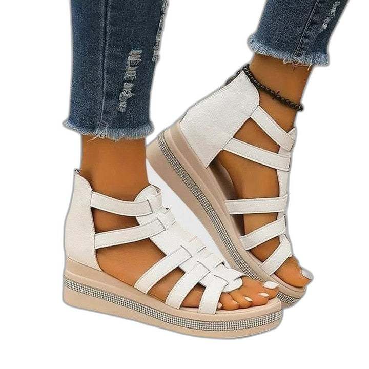 Comfortable Beige Wedge Sandals for Women with Platform Ankle Strap Open Toe Casual Style