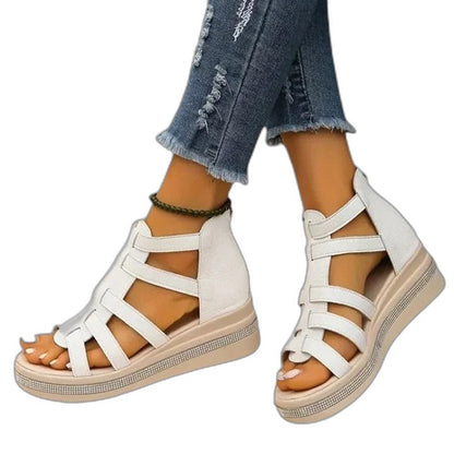 Comfortable Beige Wedge Sandals for Women with Platform Ankle Strap Open Toe Casual Style