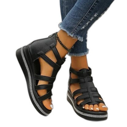 Comfortable Beige Wedge Sandals for Women with Platform Ankle Strap Open Toe Casual Style