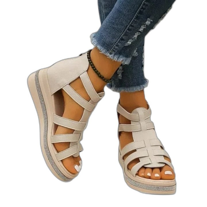 Comfortable Beige Wedge Sandals for Women with Platform Ankle Strap Open Toe Casual Style